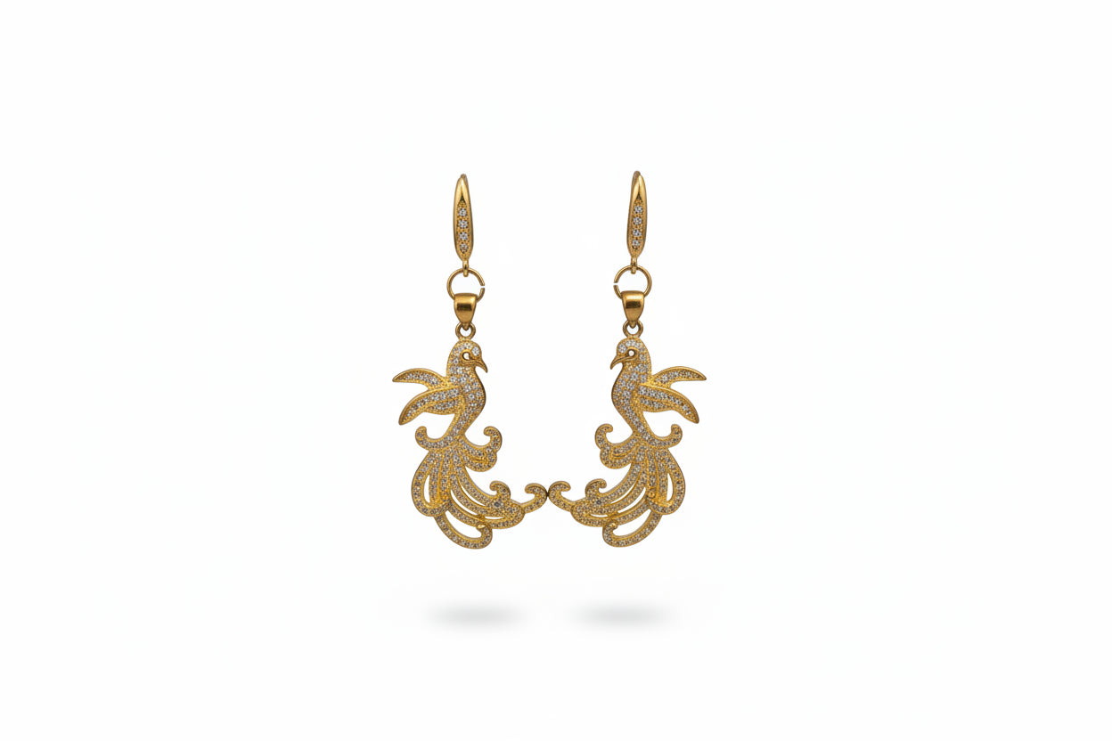 Gold Peacok Earrings Encrusted w Crystals