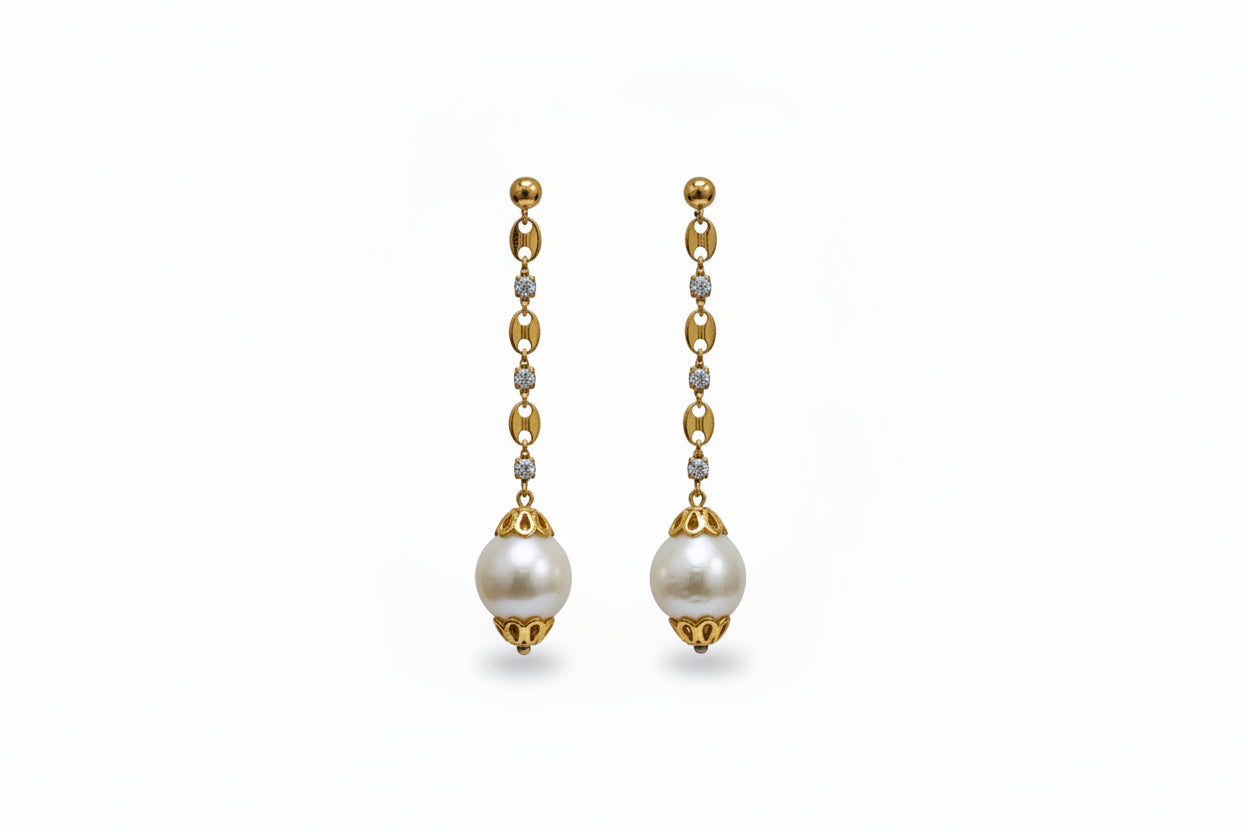 Pearl Earrings Accented w Gold chain w Crystals