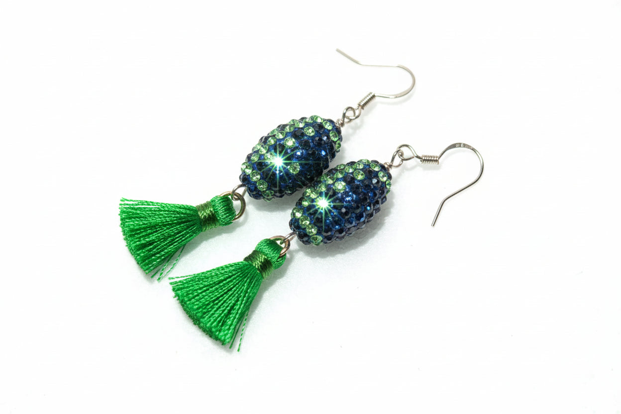 Seahawk Blue Crystal Footbals w Green Seam and Green Tassels Earrings