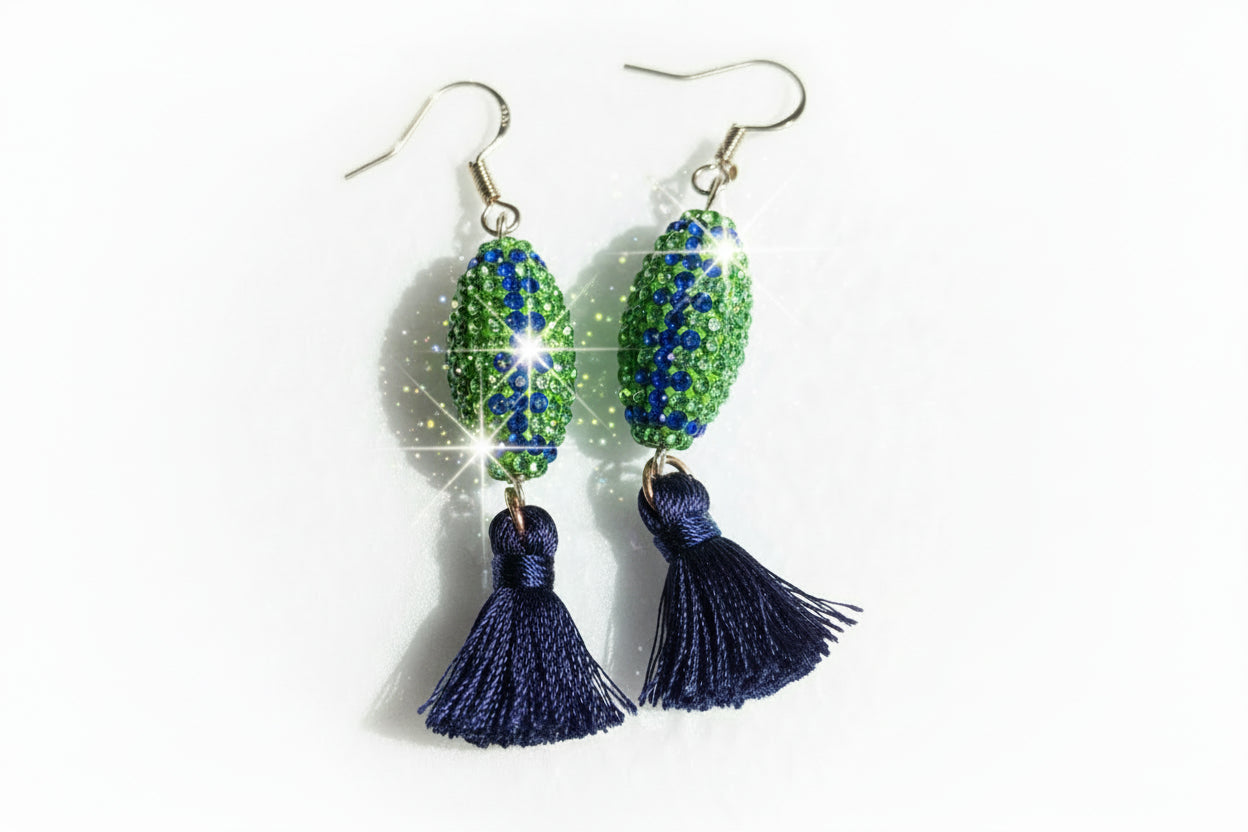 Seahawk Green Crystal Footballs w Blue Seams and Blue Tassels Earrings
