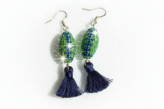 Seahawk Green Crystal Footballs w Blue Seams and Blue Tassels Earrings