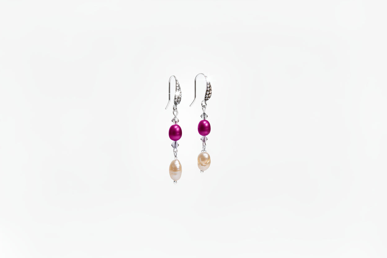 Double Fresh- Fuchsia & White Freshwater Pearls w Austrian Crystals Earrings
